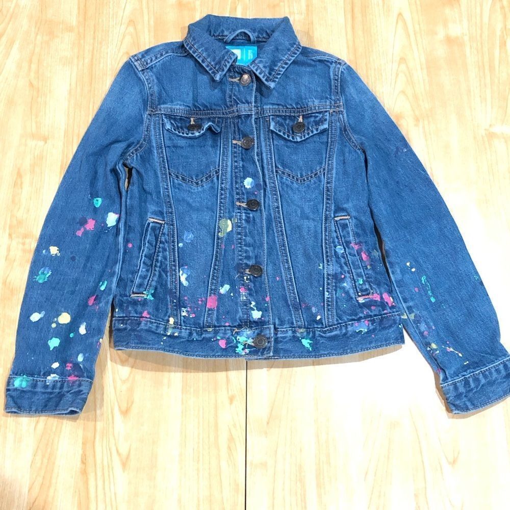 Girls GAP Jacket Size M Kids Denim Jean Jacket with Paint Splatter